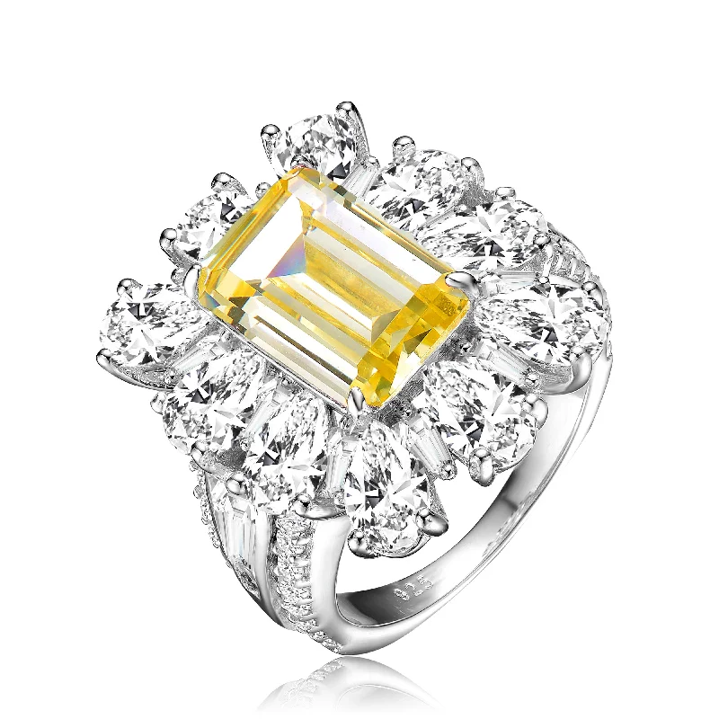 resin rings for women -.925 Sterling Silver Yellow Cubic Zirconia Halo Cocktail Ring