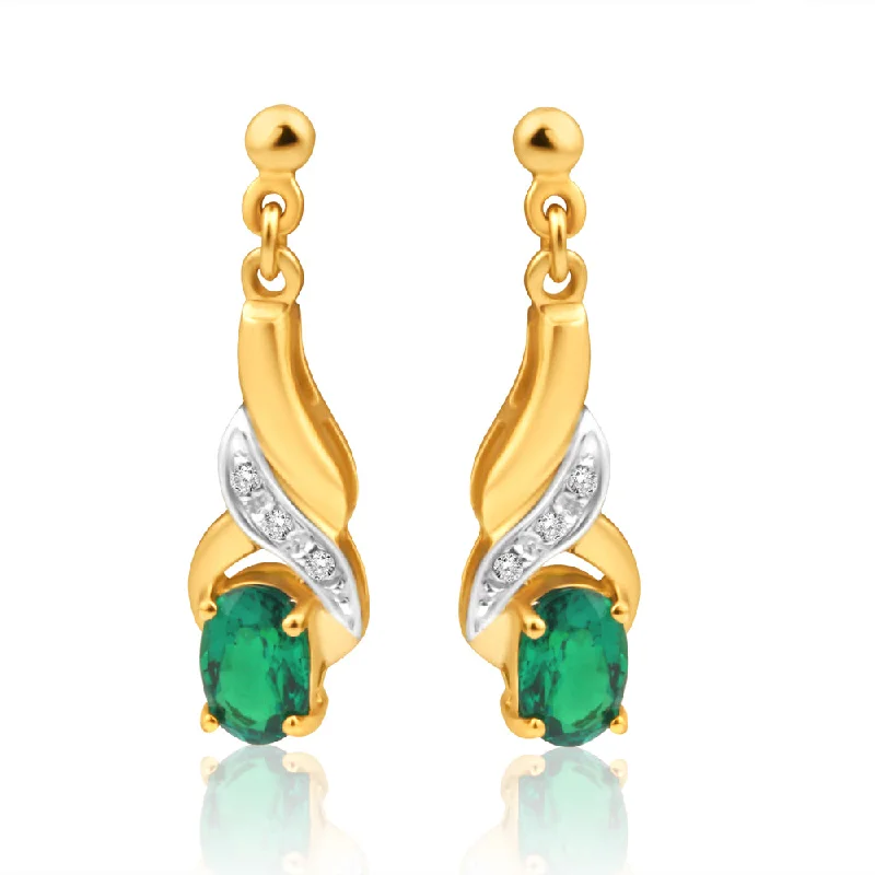 sun earrings for women -9ct Yellow Gold Created Emerald + Diamond Drop Earrings