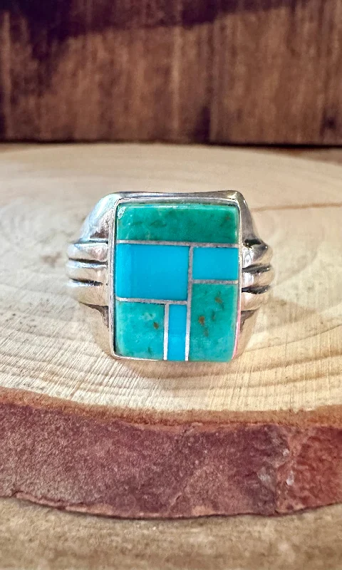 gemstone rings for women -SEAFOAM CURRENTS Turquoise & Sterling Silver Geometric Inlay Mens Ring • Size 11