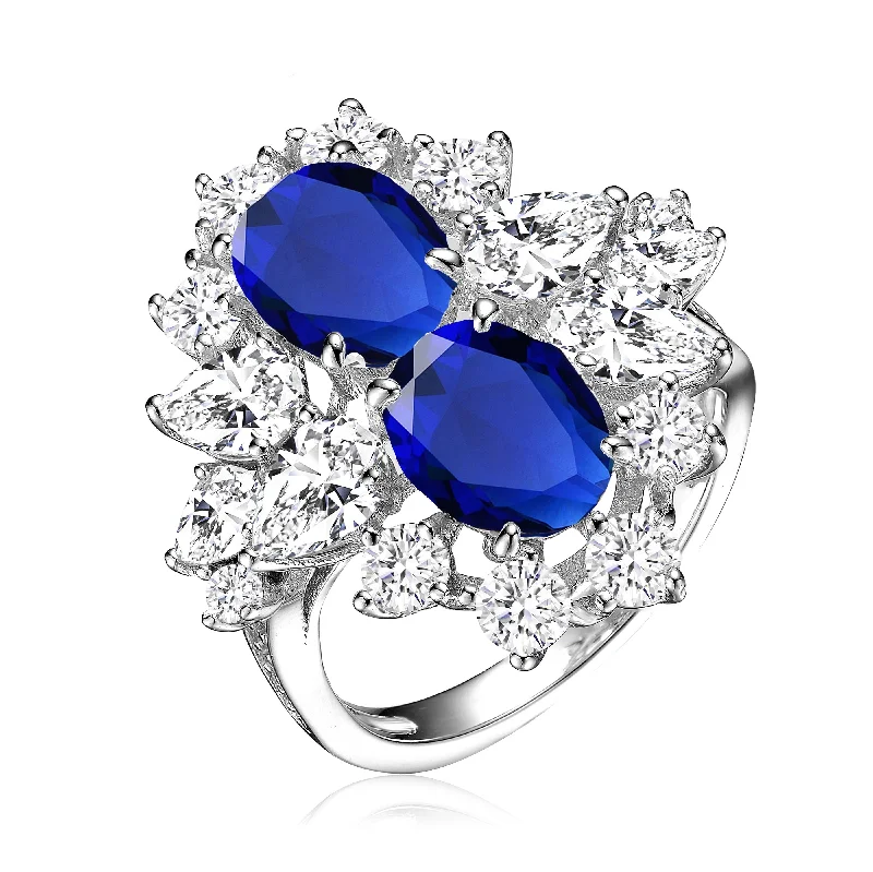 delicate rings for women -Sterling Silver with Rhodium Plated Sapphire Oval with Clear Pear and Round Cubic Zirconia Cocktail Ring