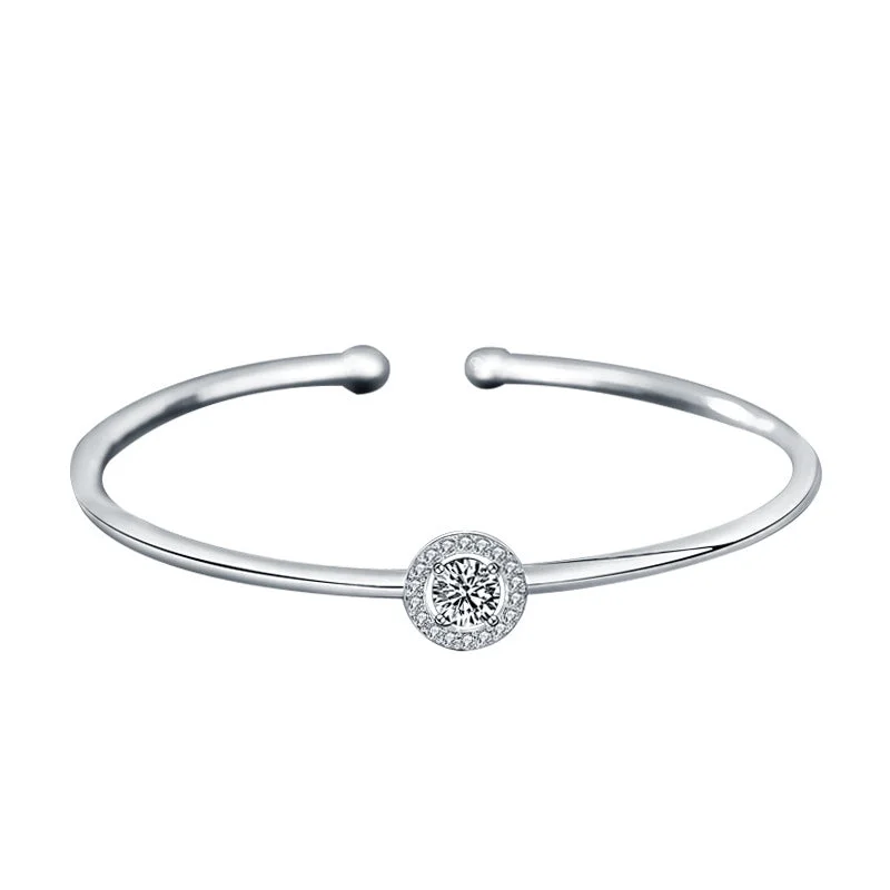 statement bracelets for women -1 Carat Moissanite Halo Center Plain Bangle Bracelet in Platinum Overlay Silver