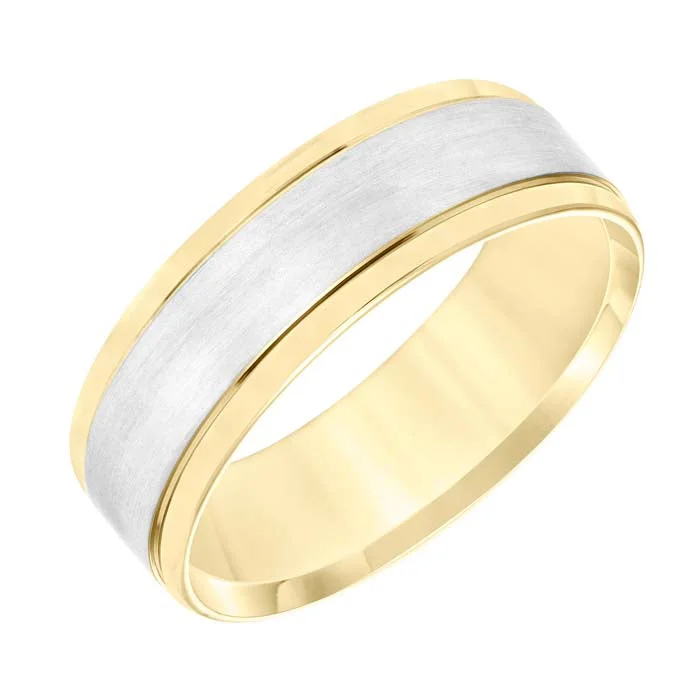 petite engagement rings for women -Goldman Men's 7MM Satin and Polished Finish Wedding Band in 14K White and 14K Yellow Gold