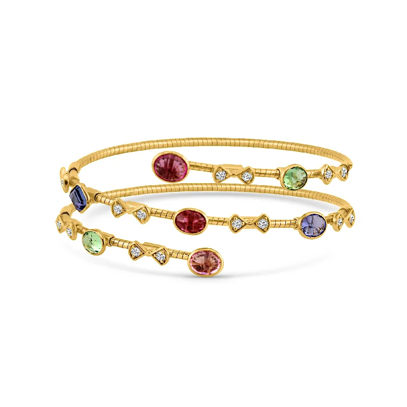 bamboo bangles for women -Multicolor Gemstone & Diamond 2 Row Symphony Bracelet In 18K Yellow Gold