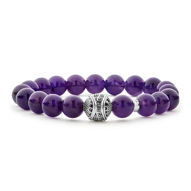 stackable bracelets for women -Keep Memory Alive Amethyst Silver Station Bead Bracelet