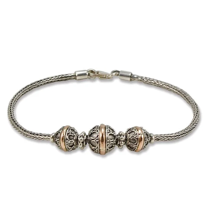 fashion bracelets for women -Balinese Three Ball Sterling Silver and 18K Gold Bracelet