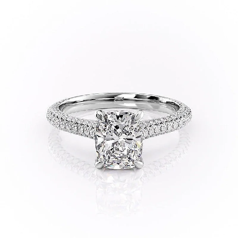 hidden halo engagement rings for women -Elongated Cushion Cut Moissanite Engagement Ring, Pave Set Shoulders