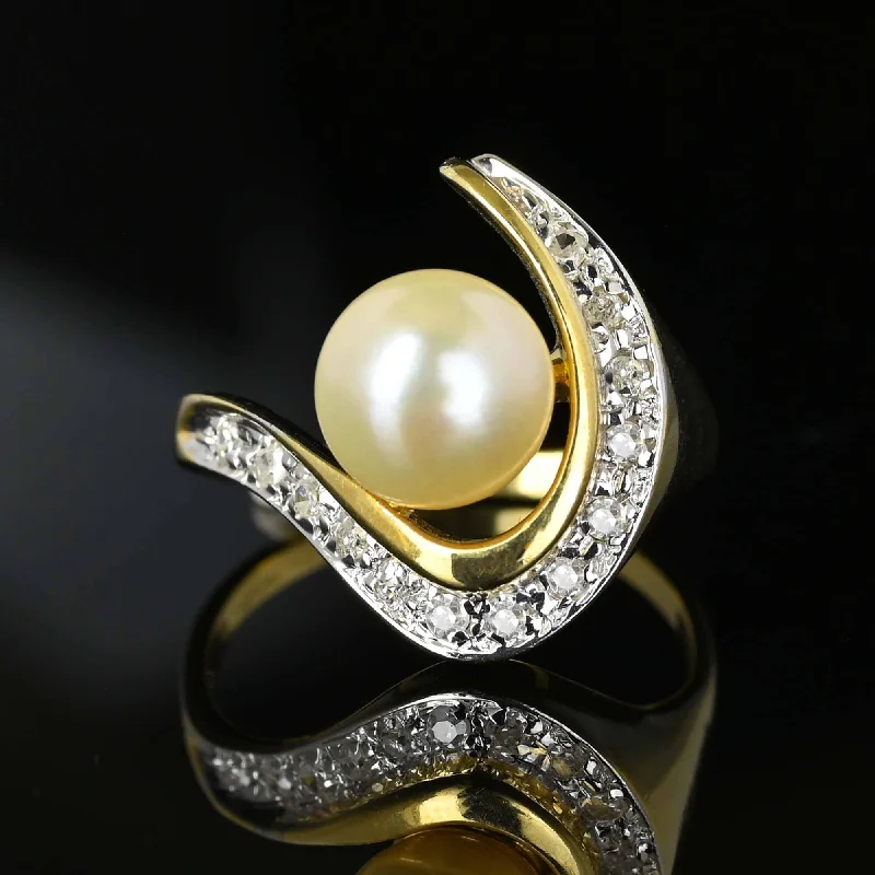 art deco engagement rings for women -Vintage 14K Gold Diamond Swirl Pearl Cocktail Ring