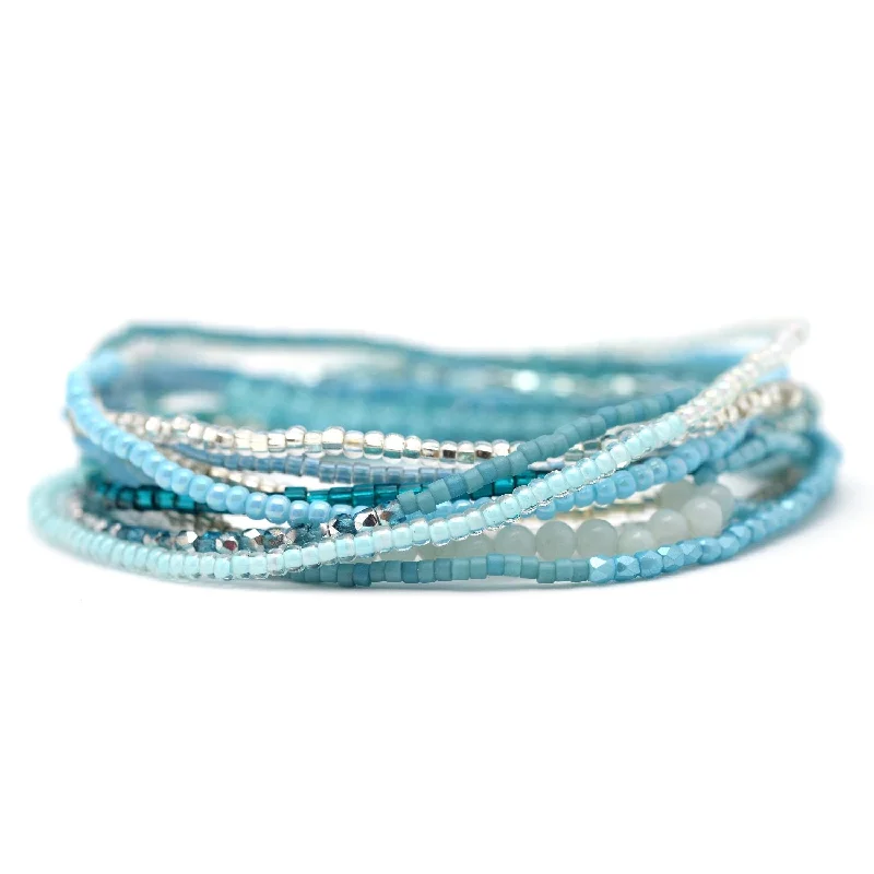 hammered bangles for women -Aqua & Silver Stretchy Wrap Bracelet / Necklace