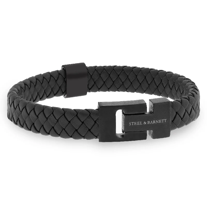 mother of pearl bracelets for women -"Harrison" Black Braided Leather Bracelet with Black Clasp by Steel & Barnett