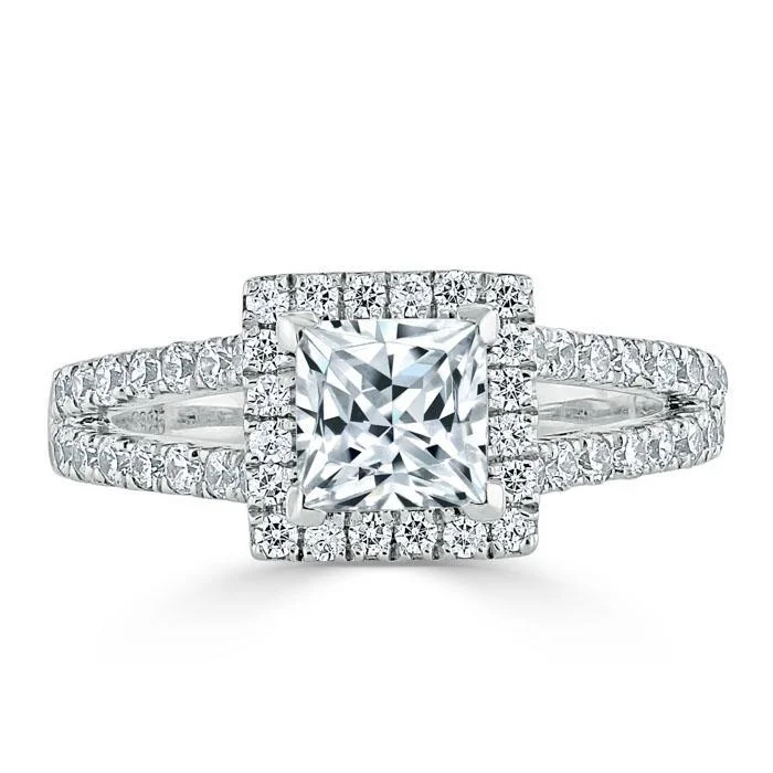 stackable engagement rings for women -Princess Cut Moissanite Engagement Ring, Classic Halo with Split Shank