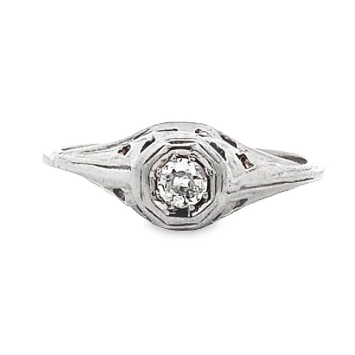 celestial moon engagement rings for women -Estate Vintage Filigree Engagement Ring in 14K White Gold