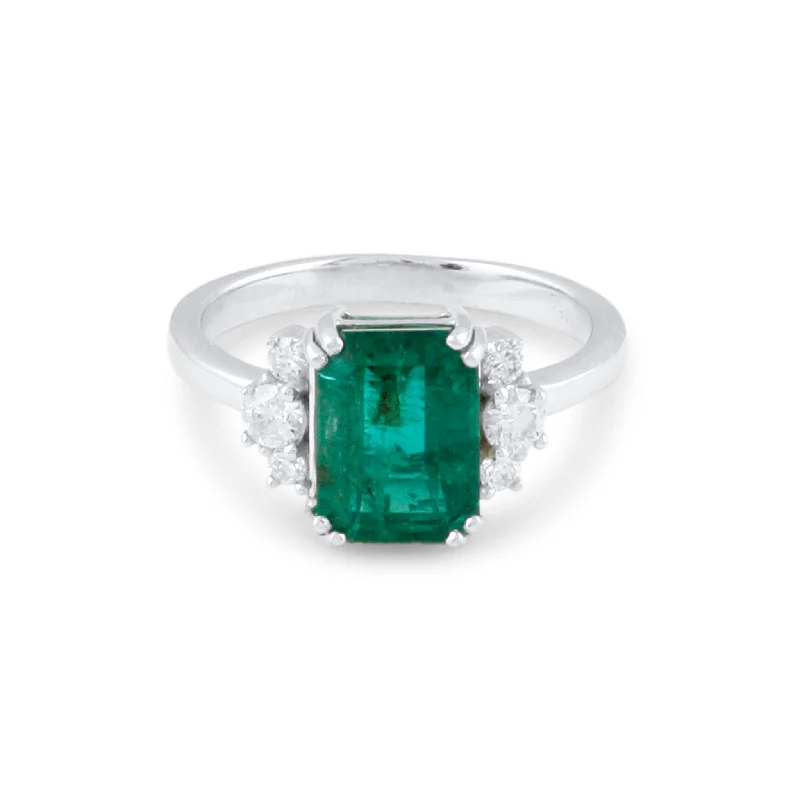 high-end engagement rings for women -Emerald Rect. & Diamond Ring In 18K White Gold