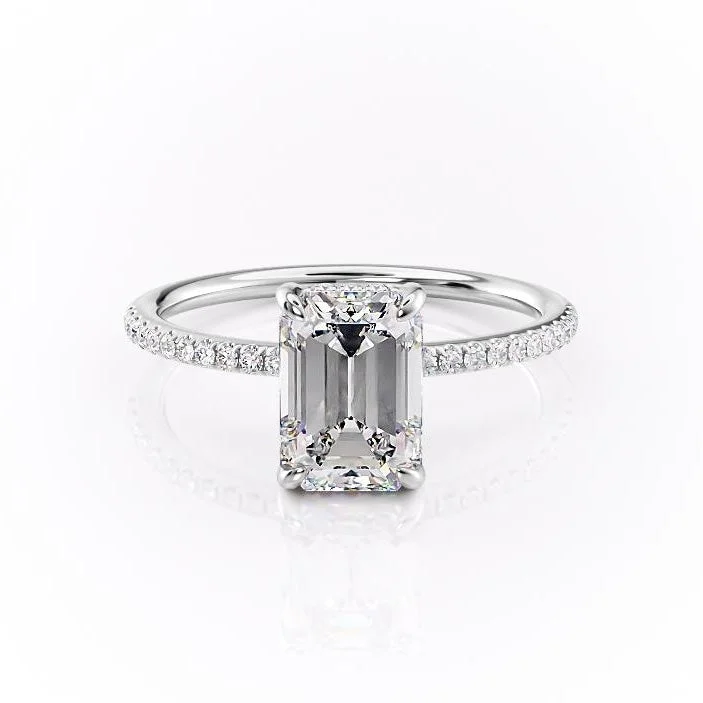 silver engagement rings for women -Emerald Cut Moissanite Engagement Ring, Hidden Halo