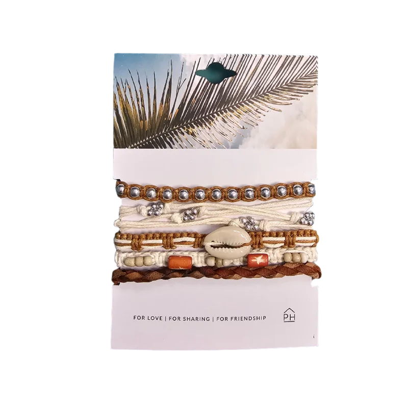 stackable bracelets for women -Pink House Palm Color Stack Pull Bracelets - Tan