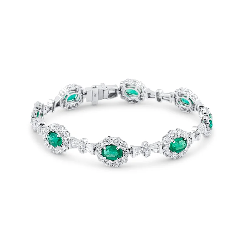 rainbow gemstone bracelets for women -Emerald Oval & Diamond Bracelet In 18K White Gold