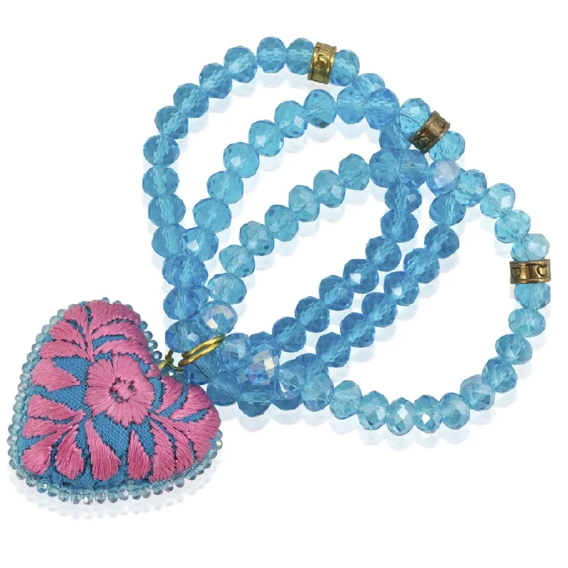 pearl bracelets for women -Deep Aqua Crystal Beads and Embroidered Heart Stretch Bracelet