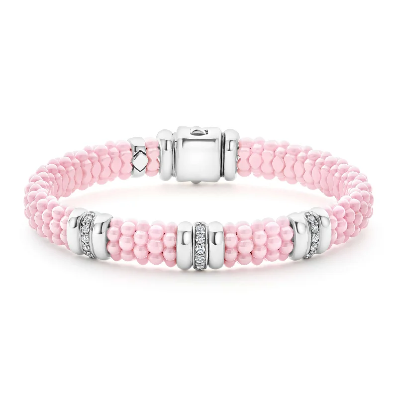 sleek modern bracelets for women -Pink Caviar Pink Three Station Diamond Caviar Bracelet | 9mm