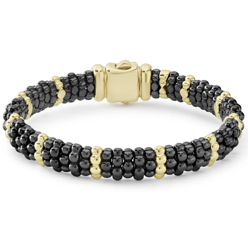 dainty bracelets for women -Black Caviar 18K Gold Station Ceramic Beaded Bracelet | 9mm