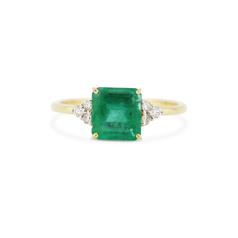 braided engagement rings for women -Emerald Square & Diamond Round Ring In 18K Yellow Gold