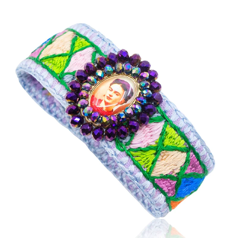 hammered bangles for women -Embroidered Multicolor Frida Kahlo Image Mexican Cuff Bracelet