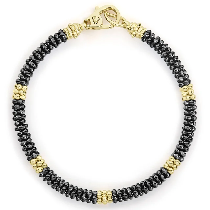 cuff bracelets for women -Black Caviar Five Small 18K Gold Station Ceramic Beaded Bracelet | 5mm