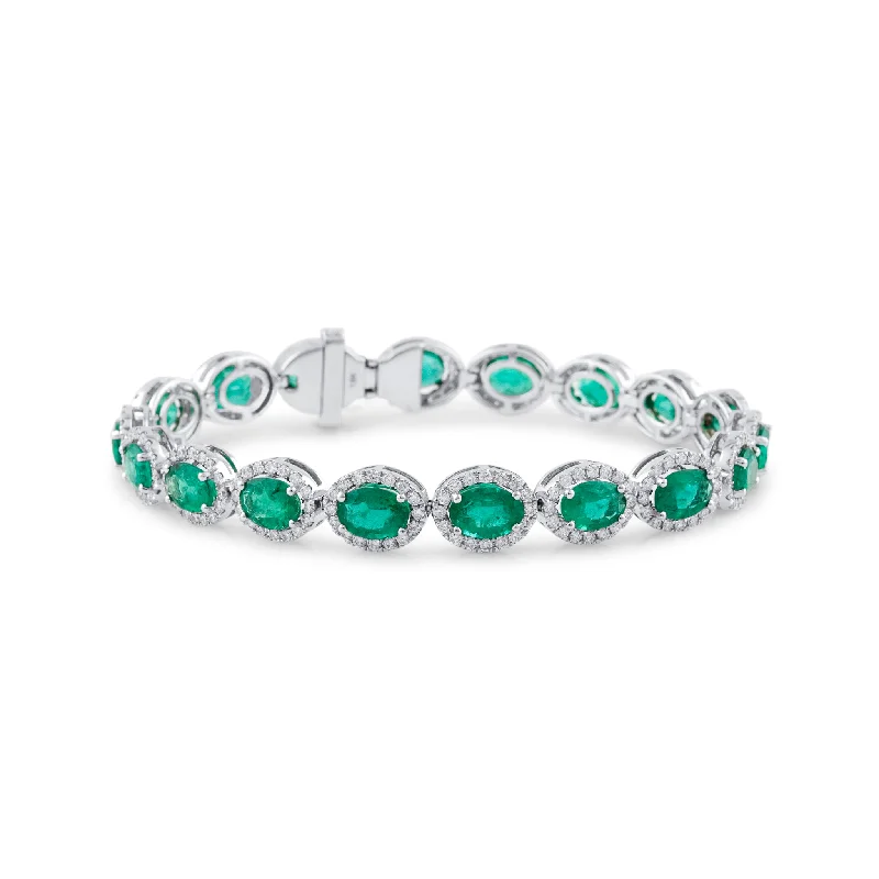 two-tone bracelets for women -Emerald Oval & Diamond Bracelet In 18K White Gold