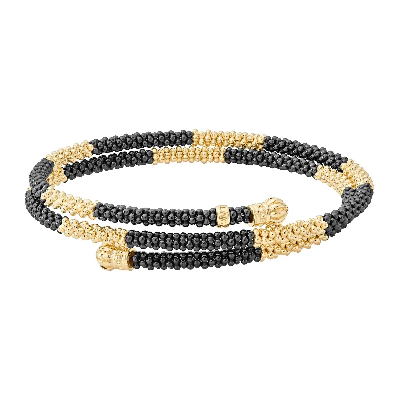 chain link bracelets for women -Black Caviar 18K Gold Large Station Ceramic Wrap Bracelet | 3mm