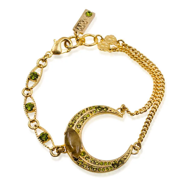 dainty bracelets for women -Gold Crescent Moon Goddess Dual Chain Crystal Bracelet by AMARO