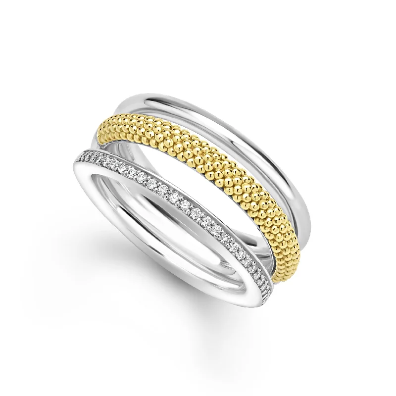 nature inspired engagement rings for women -Caviar Lux Two-Tone Three Row Diamond Ring