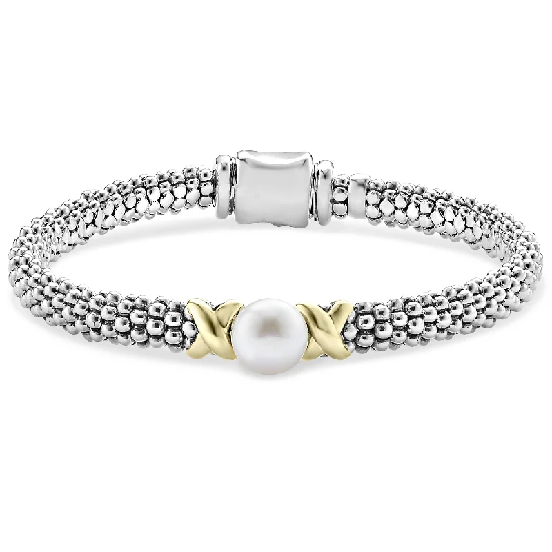 stretch bracelets for women -Luna Two-Tone X Pearl Caviar Bracelet | 6mm