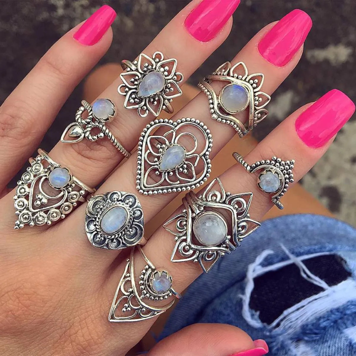 baroque engagement rings for women -Wholesale Jewelry Retro Diamond Carved Crown Starry 9-Piece Combination Ring Nihaojewelry