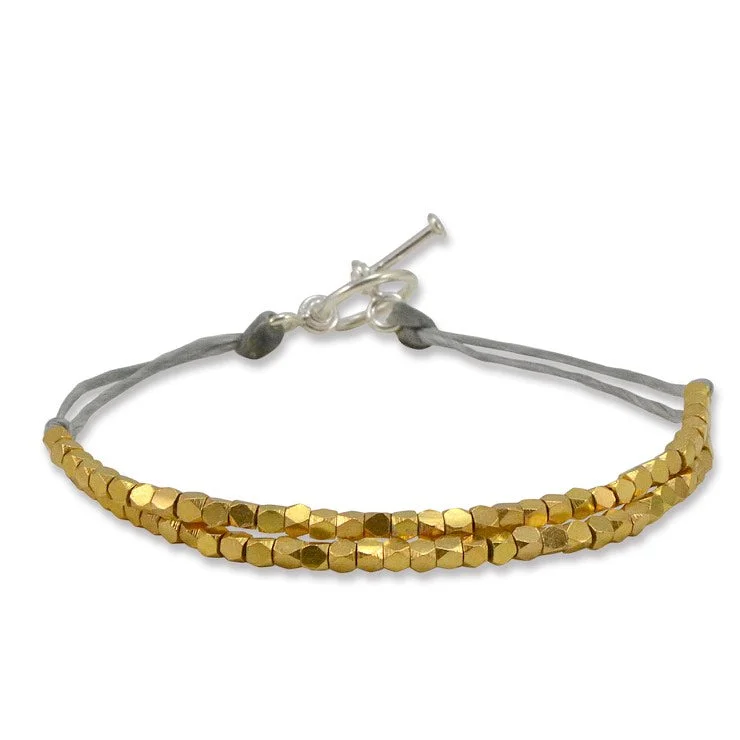 adjustable bracelets for women -Double Band Gold Plated Sterling Silver on Grey Cord Bracelet