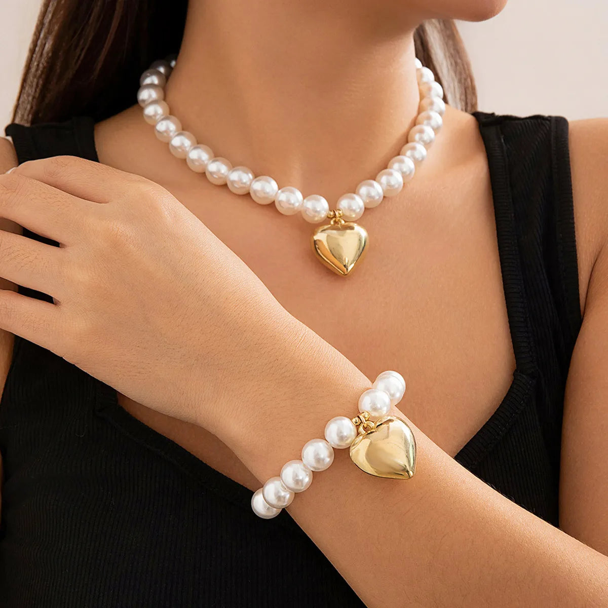 high-end bracelets for women -Exaggerated Fashion Heart Shape CCB Artificial Pearl Beaded Plating Women'S Bracelets Necklace