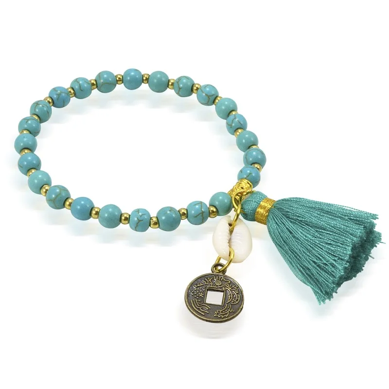 bangle bracelets for women -Balinese Traditional Coin and Tassel Turquoise Colored Bead Bracelet - One Size Fits Most