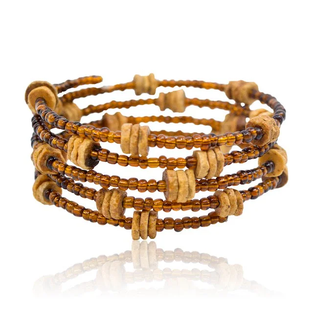 cuff bangles for women -Omba Ostrich Egg and Bead Wrap Bracelet from Namibia - Coffee