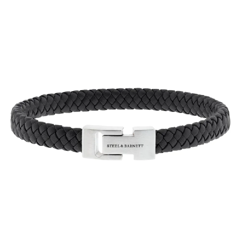 leather wrap bracelets for women -Black Leather & Stainless Steel Bracelet - "Archie"