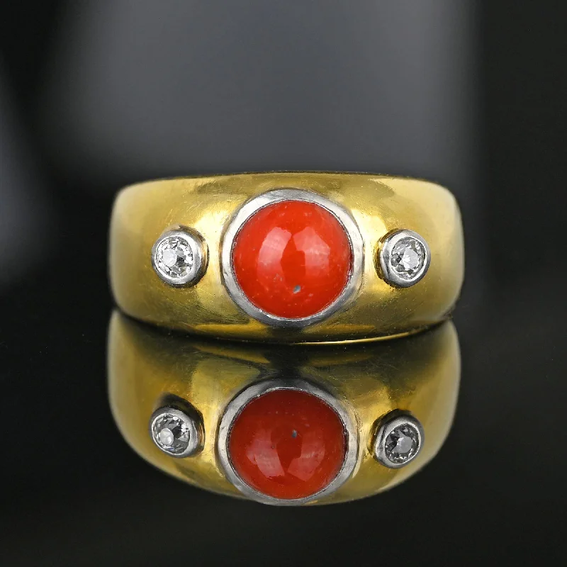 round engagement rings for women -Antique 18K Gold Diamond Mediterranean Coral Ring Band