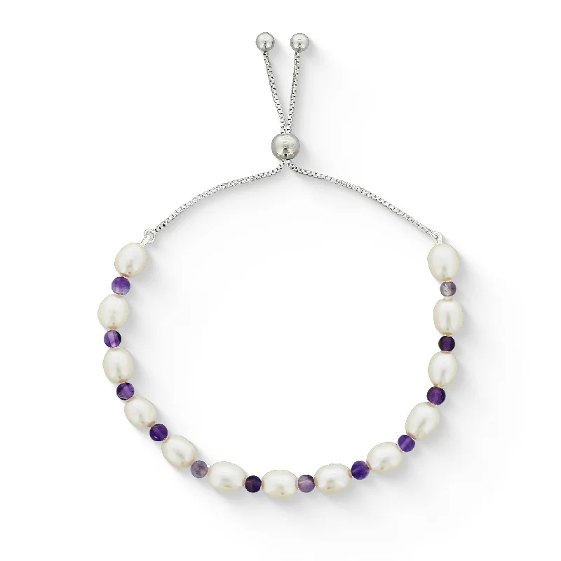 minimalist cuff bracelets for women -White Freshwater Pearl and Amethyst Bolo Bracelet