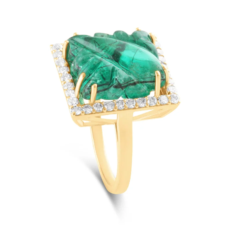 halo engagement rings for women -Emerald Carving And Diamond Ring In 18K Yellow Gold