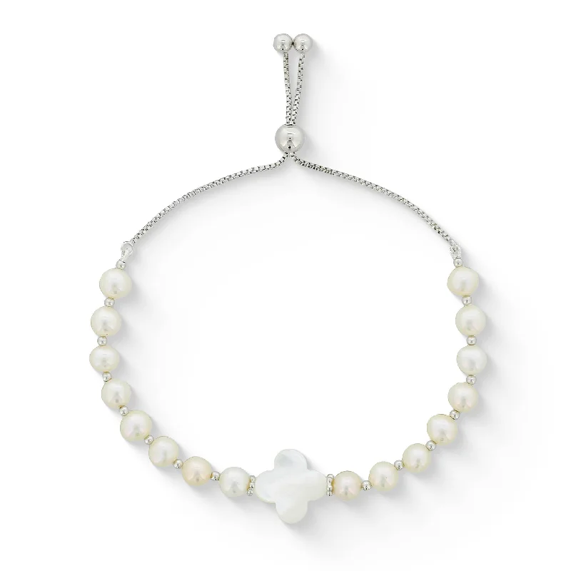 animal-themed bracelets for women -White Freshwater Pearl and White Mother of Pearl Bolo Bracelet