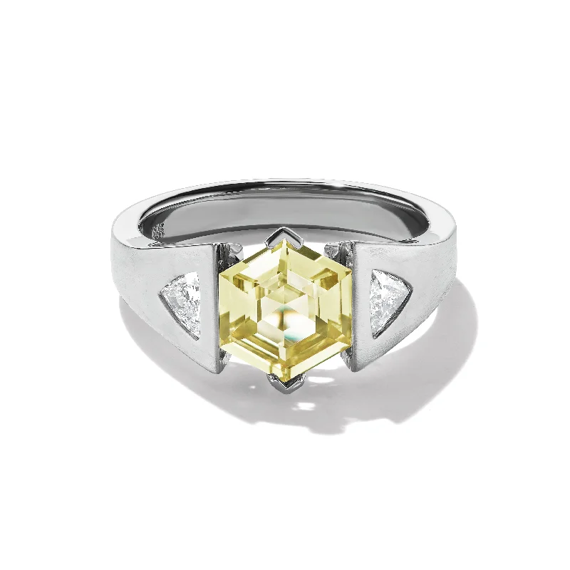 contemporary engagement rings for women -Hexagon Yellow Diamond with Triangle Side Stones