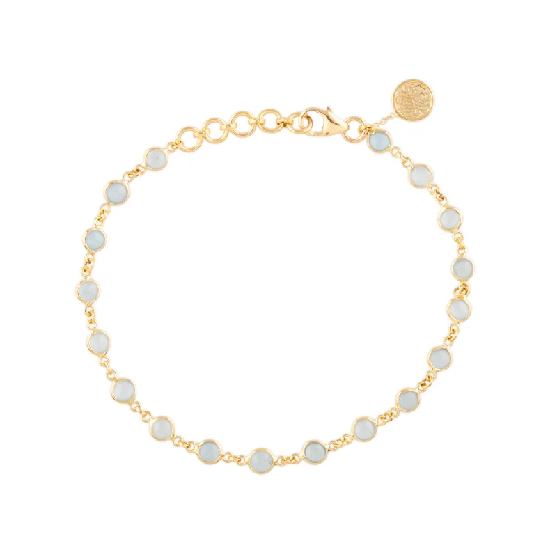 white gold bracelets for women -Aquamarine Round Link to Link Bracelet In 18K Yellow Gold