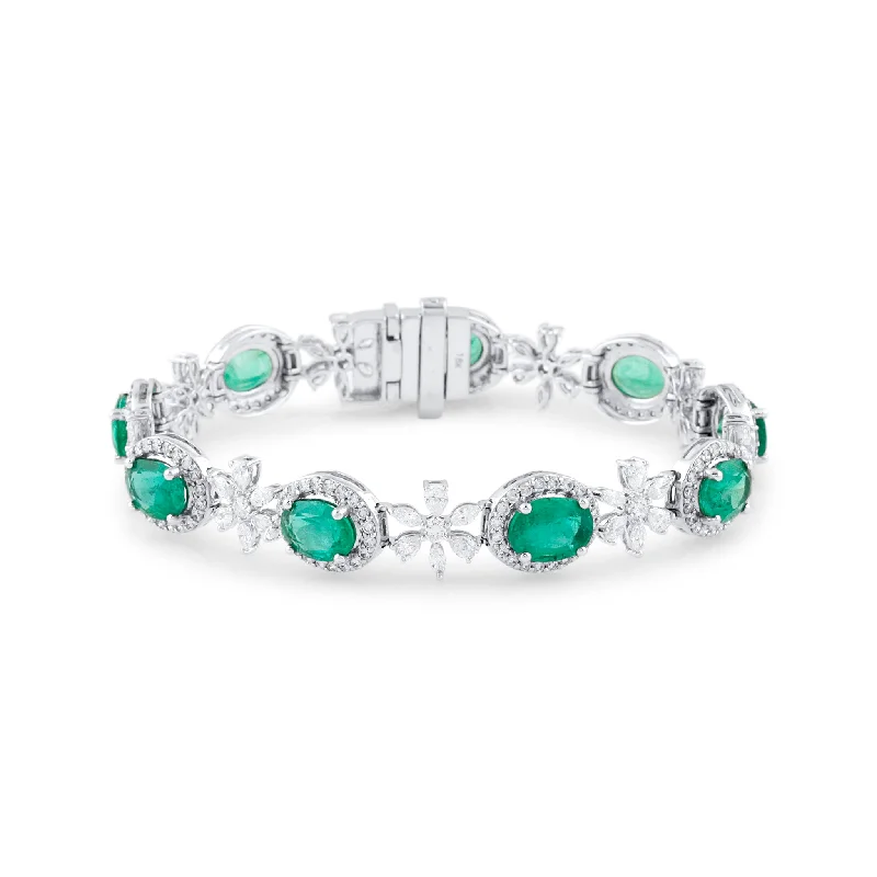 art deco bracelets for women -Emerald Oval & Diamond Bracelet In 18K White Gold