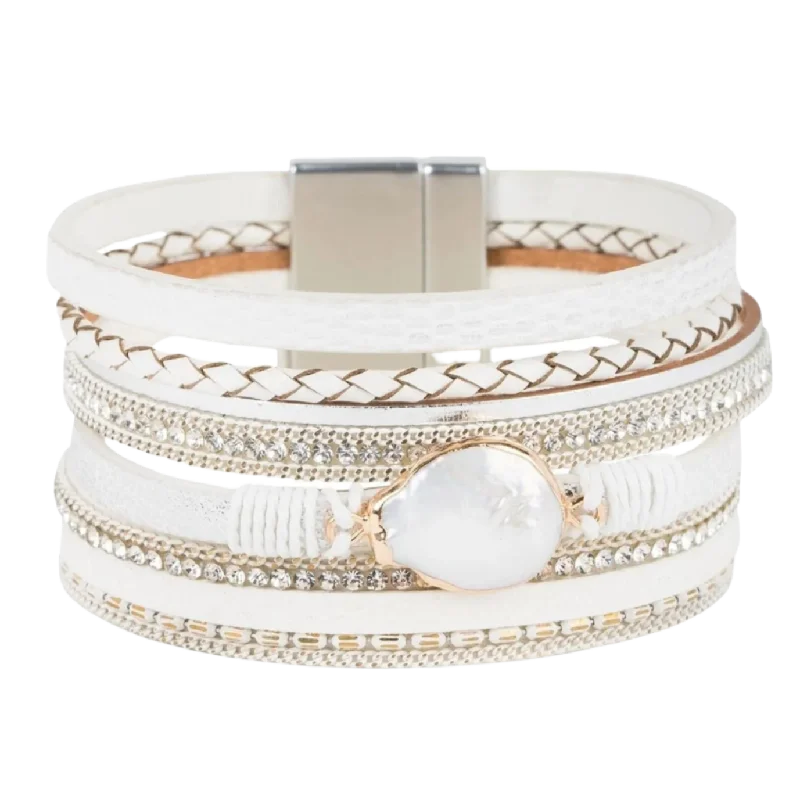 engraved bracelets for women -Saachi Santorini Pearl Vegan Leather Wrap Bracelet - White