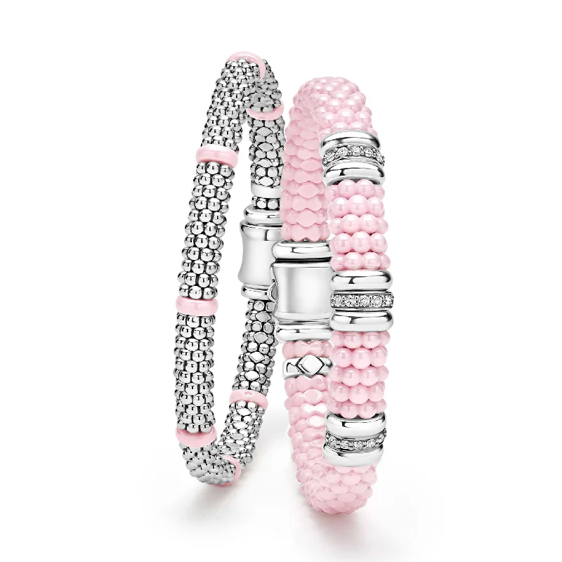 silver bracelets for women -Pink Ceramic Caviar Station Bracelet Gift Set