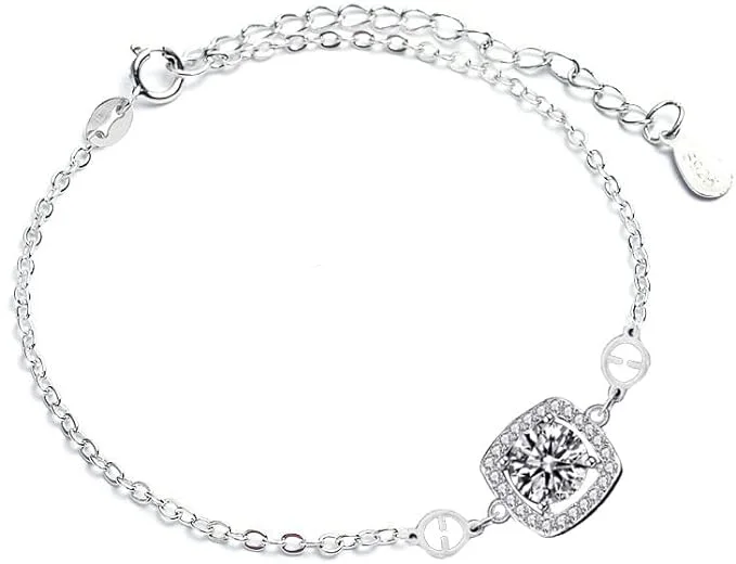 infinity bracelets for women -1 Carat Moissanite Halo Square Cross Chain Bracelet with Adjustable Clasp in Platinum Overlay Silver