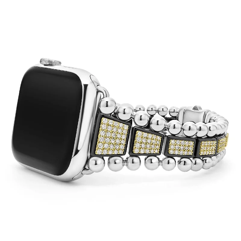 minimalist cuff bracelets for women -Studio 18K Gold and Black Ceramic Full Diamond Watch Bracelet - 42-49mm