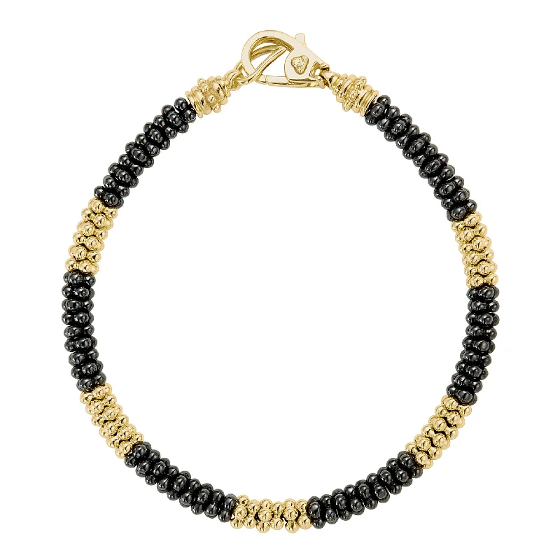 floral bracelets for women -Black Caviar Five Large 18K Gold Station Ceramic Beaded Bracelet | 5mm