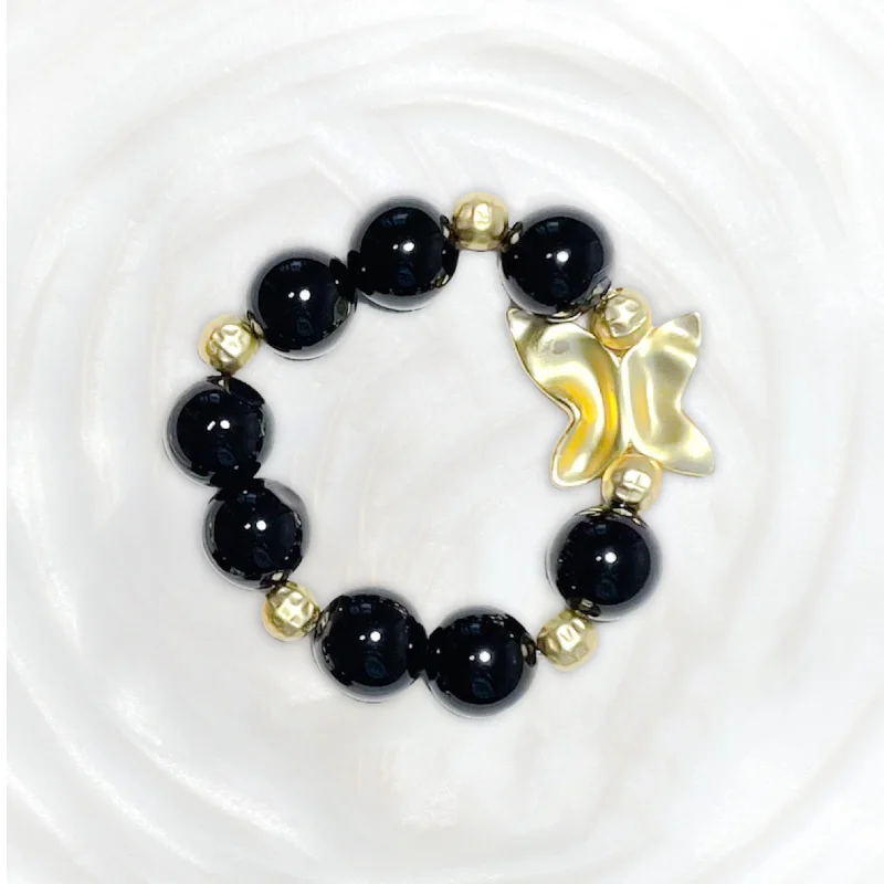 chain bracelets for women -Black agate and gold butterfly bracelet