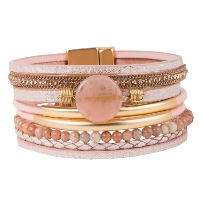 personalized bracelets for women -Saachi Santa Monica Beaded Fashionable Vegan Leather Bracelet - Pink